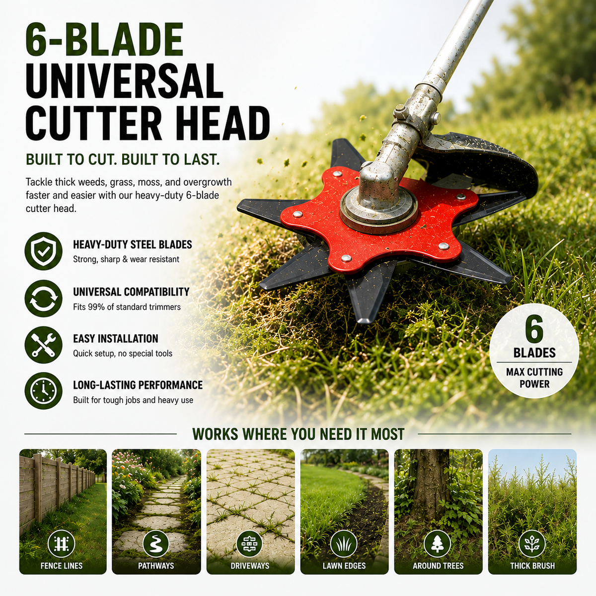 Universal Trimmer Head with 6 Manganese Steel Blades