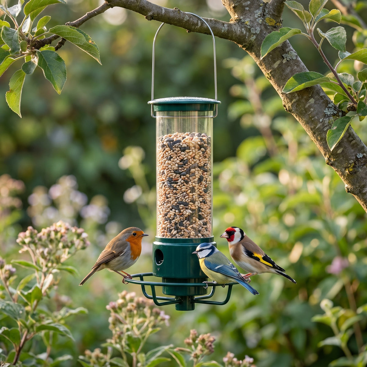 Bird feeder hanging in a garden with a robin, blue tit and goldfinch