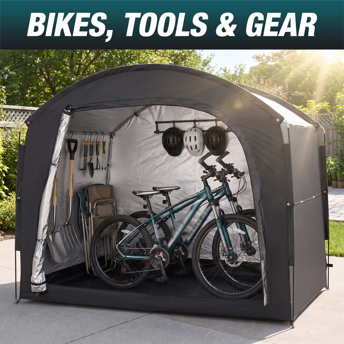 Inside the tent: bikes, helmets and garden tools