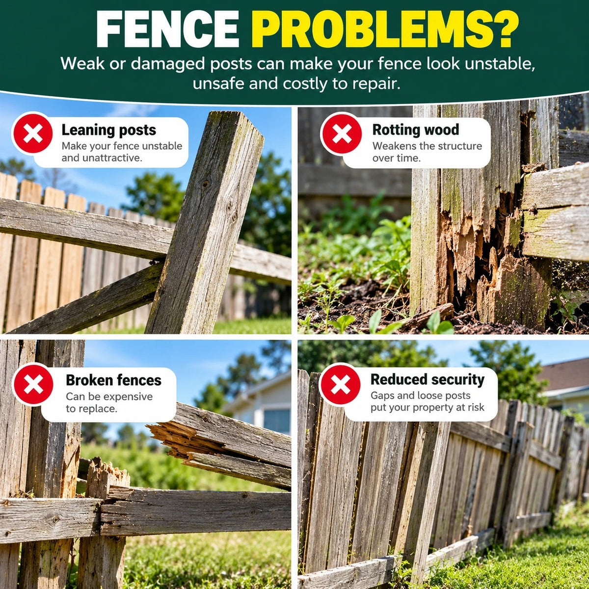Fence problems: leaning posts, rotting wood, broken fences