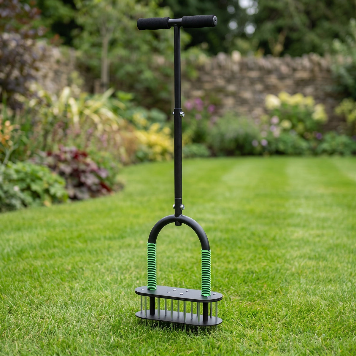 Full-length manual lawn aerator on a lawn