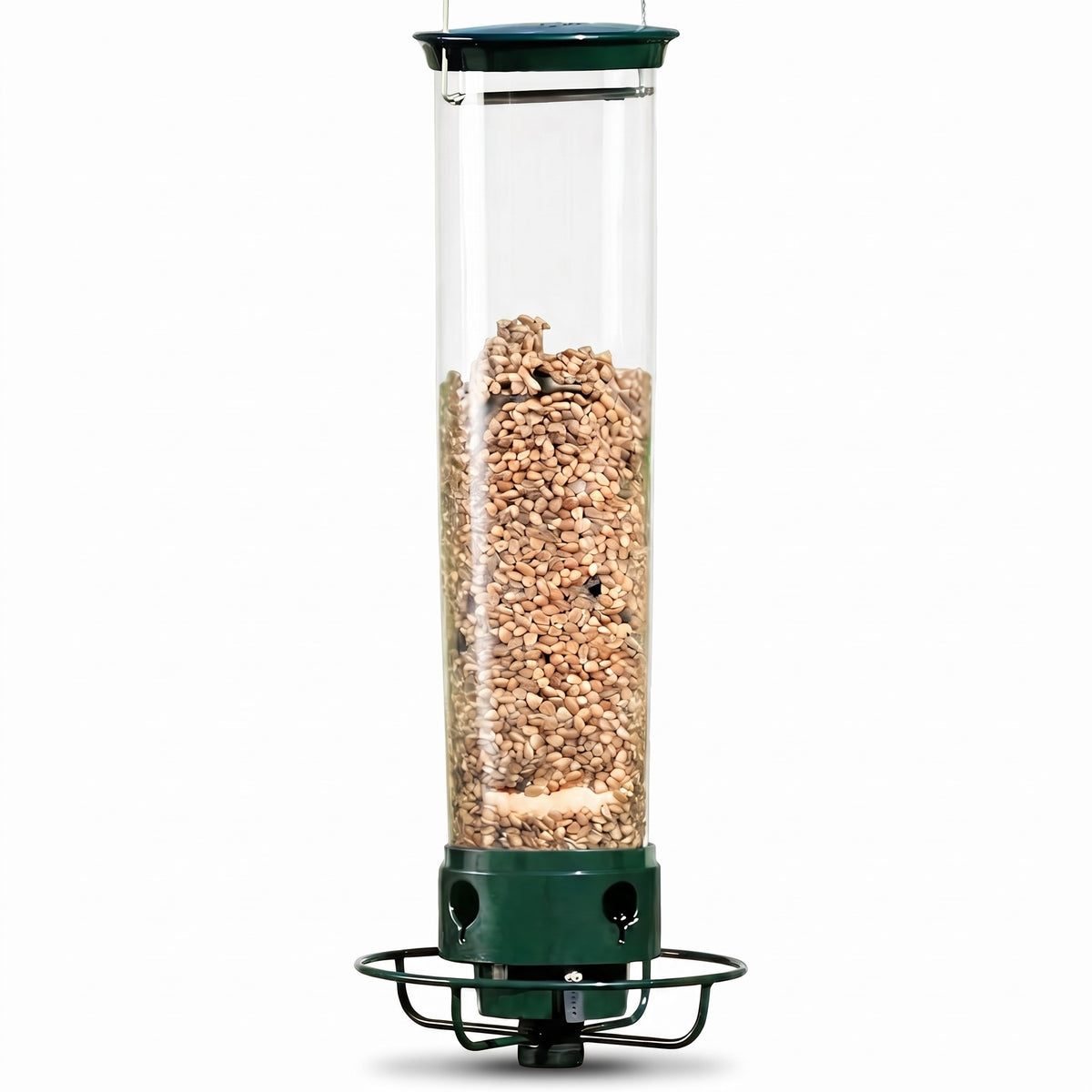 Squirrel-proof bird feeder with spinning perch on white background