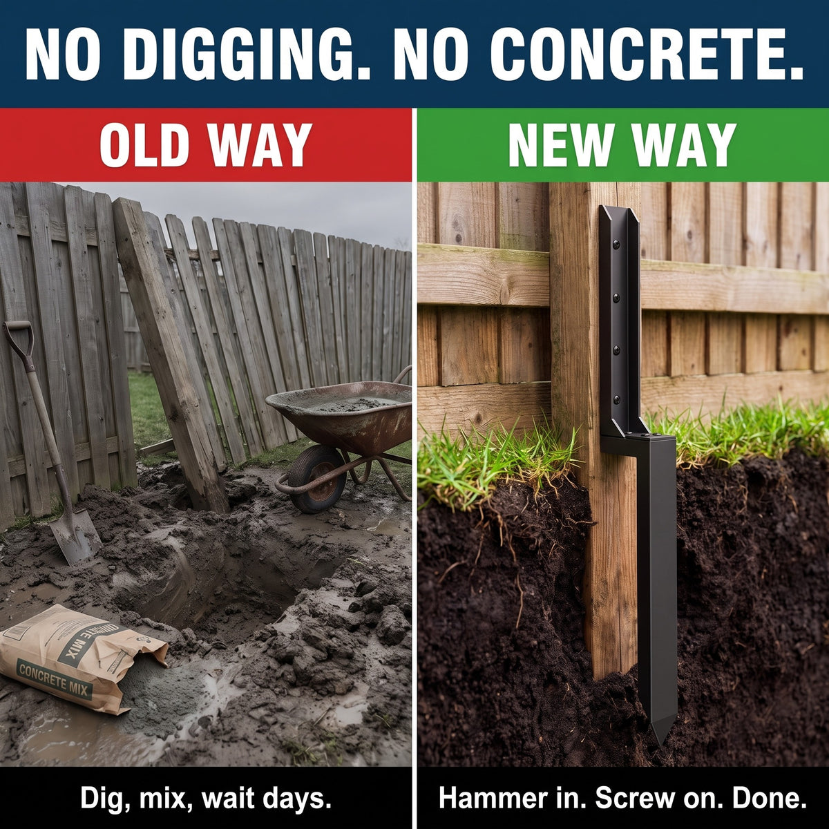 Old way digging concrete vs new way hammer-in fence post repair spike