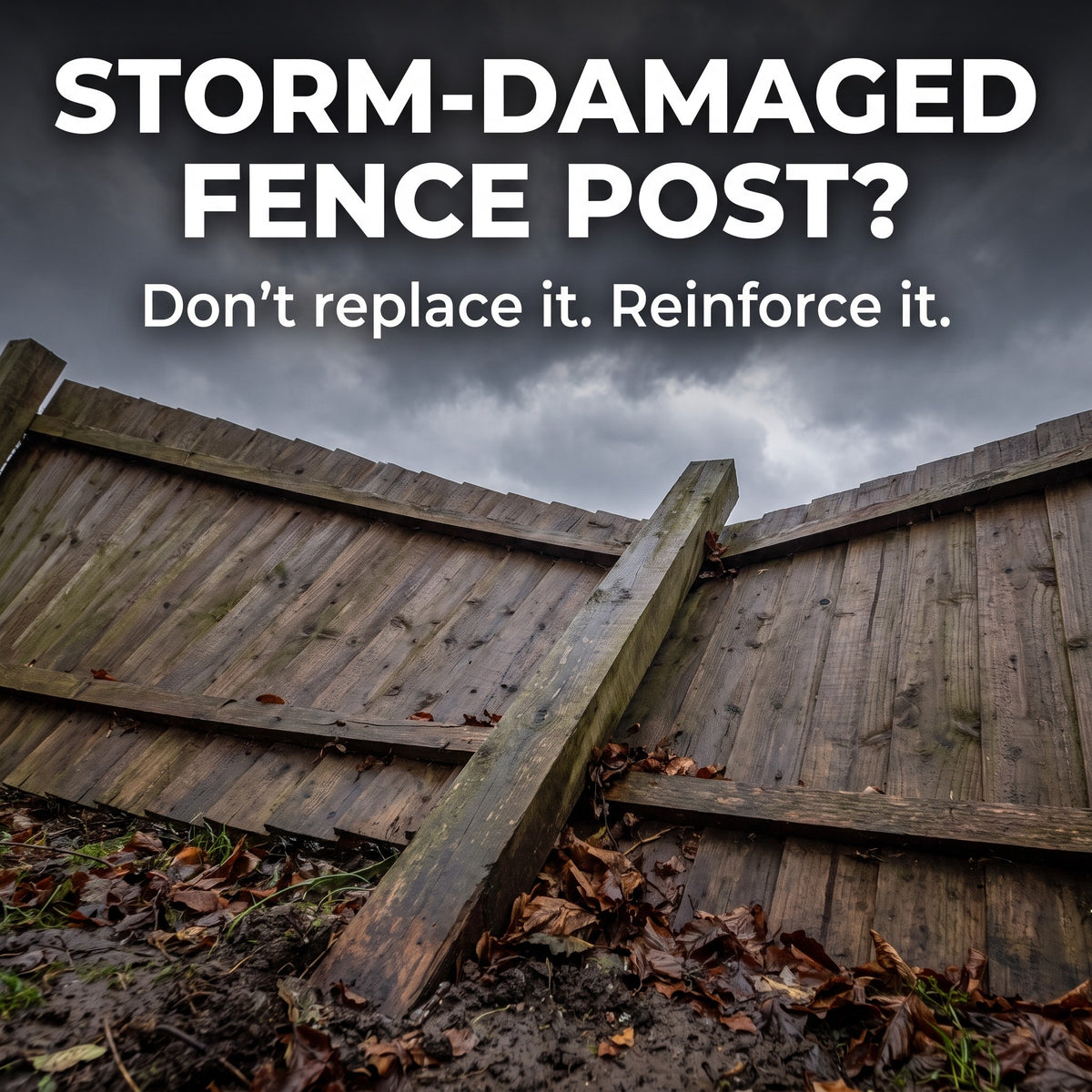 Storm-damaged leaning fence post