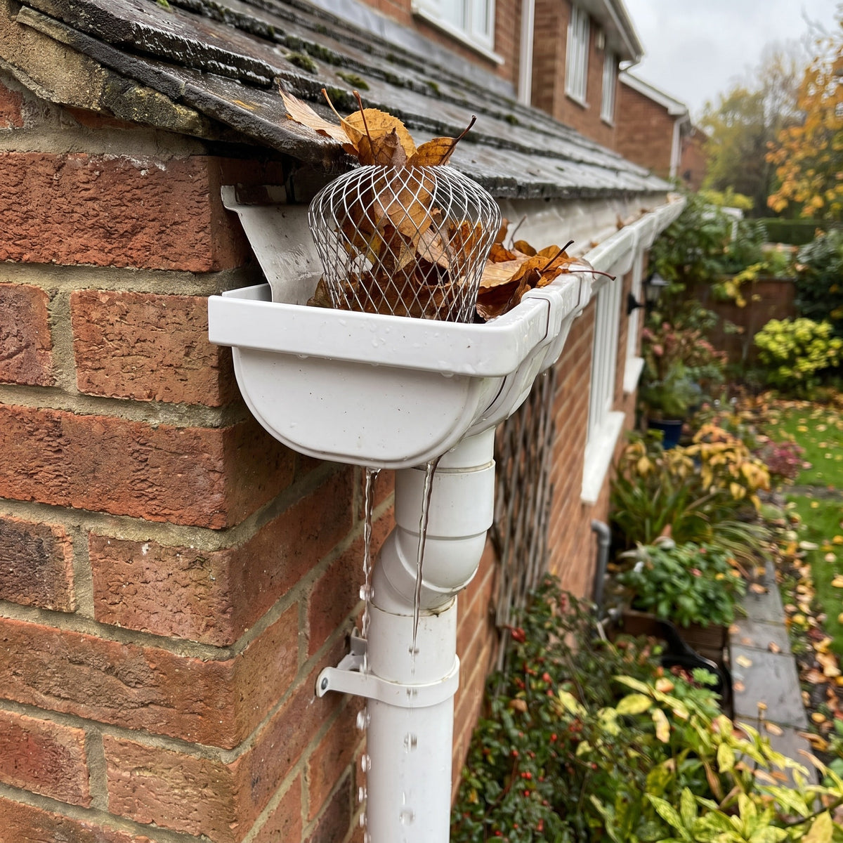 Gutter guard fitted in a downpipe catching autumn leaves