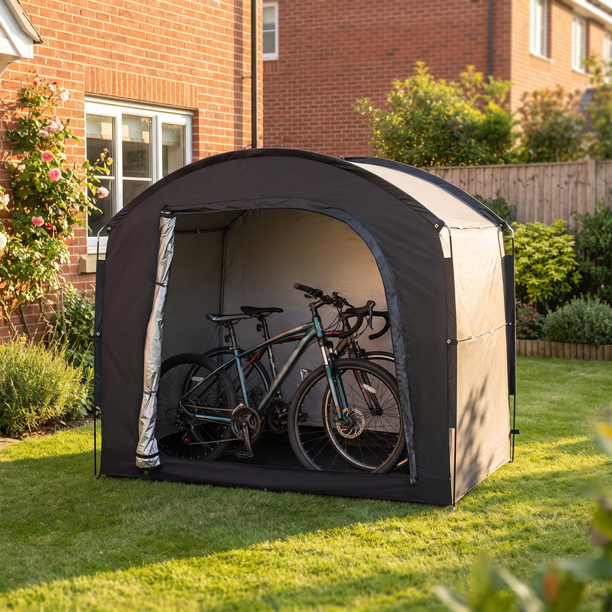 Outdoor bike storage tent on a garden lawn with bikes inside