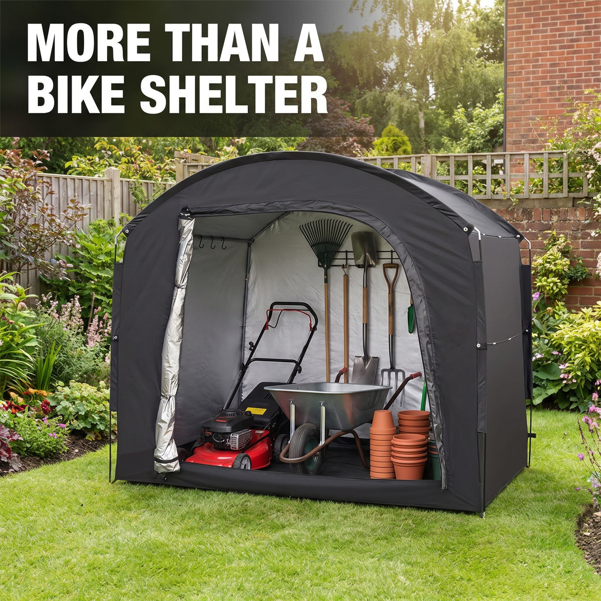 More than a bike shelter: mower, tools and plant pots