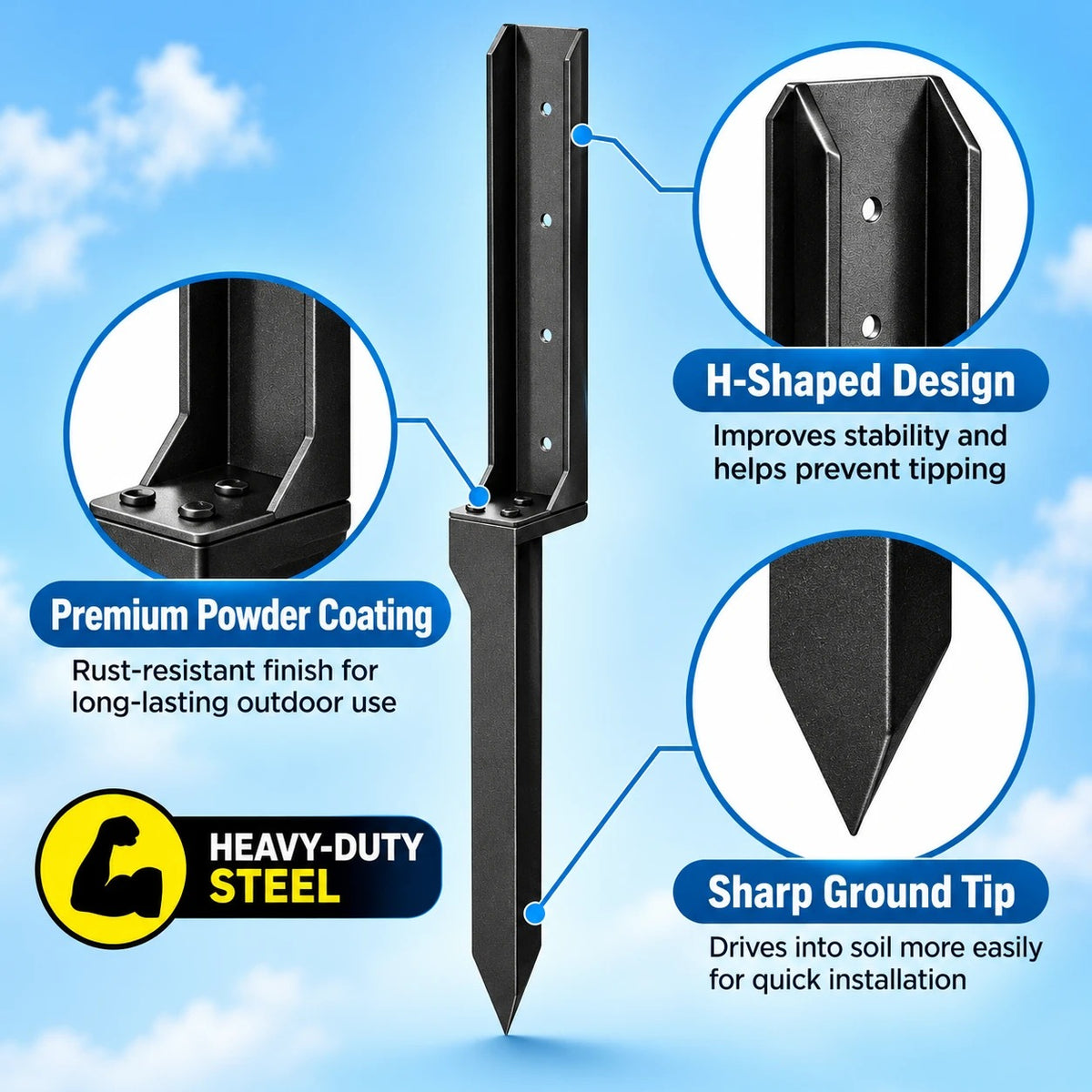 H-shaped design, powder coating, sharp ground tip