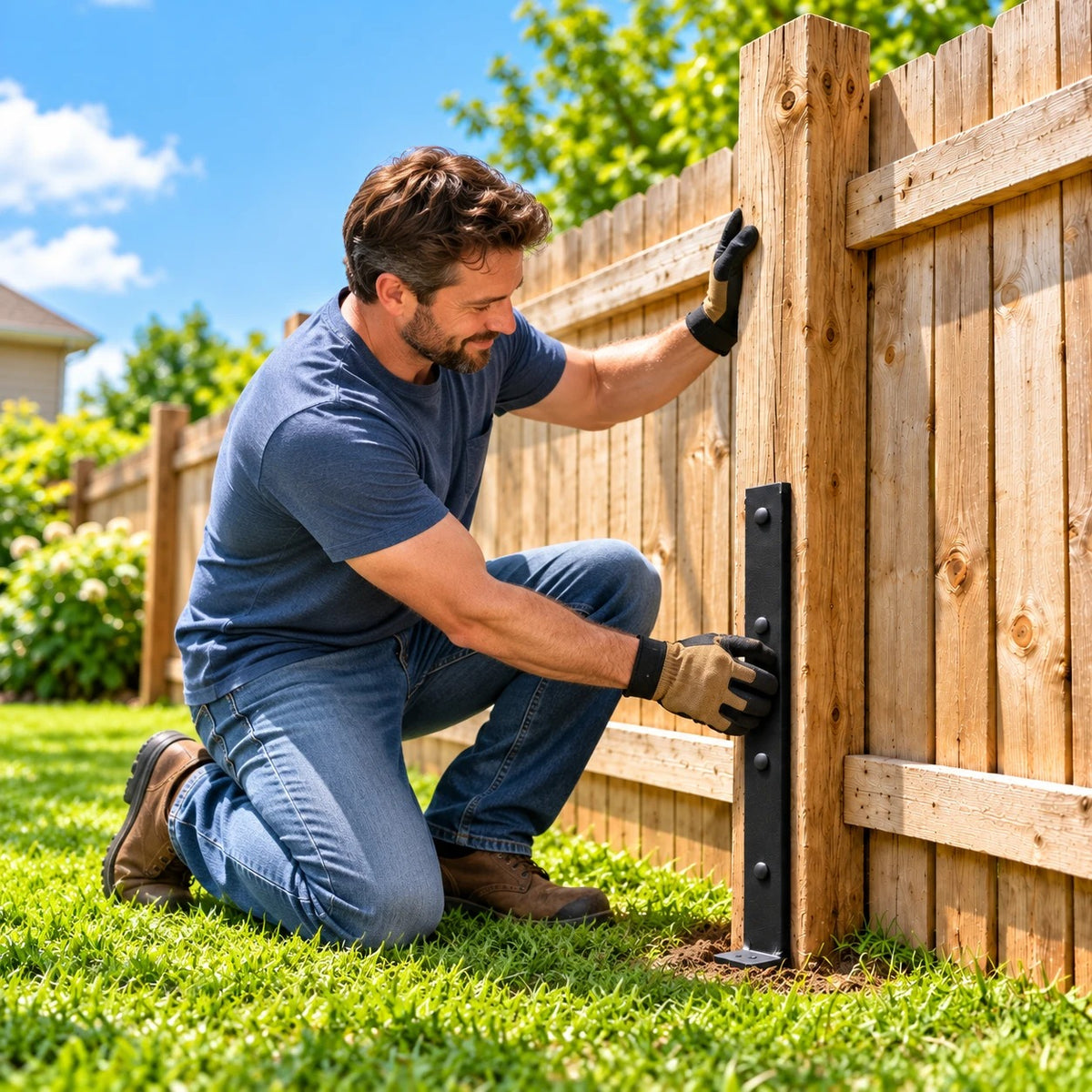 Man fitting the fence post repair stake against a wooden post