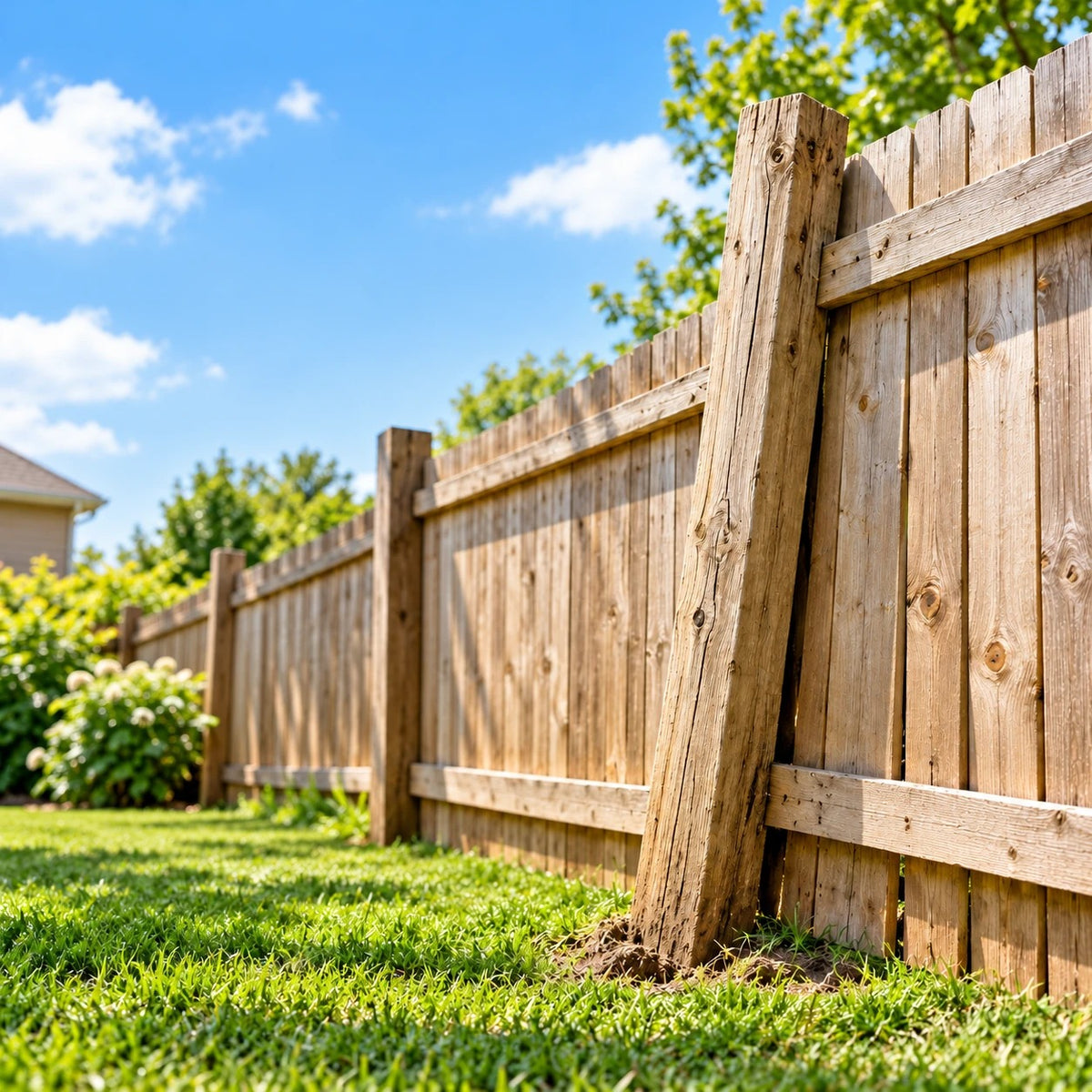 Leaning wooden fence post before repair
