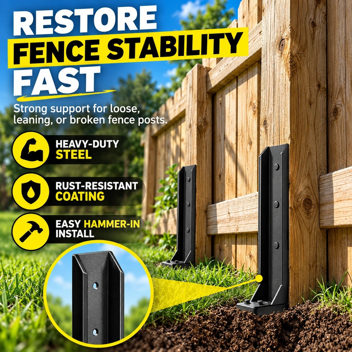 Restore fence stability fast: heavy-duty steel, rust-resistant coating, easy install
