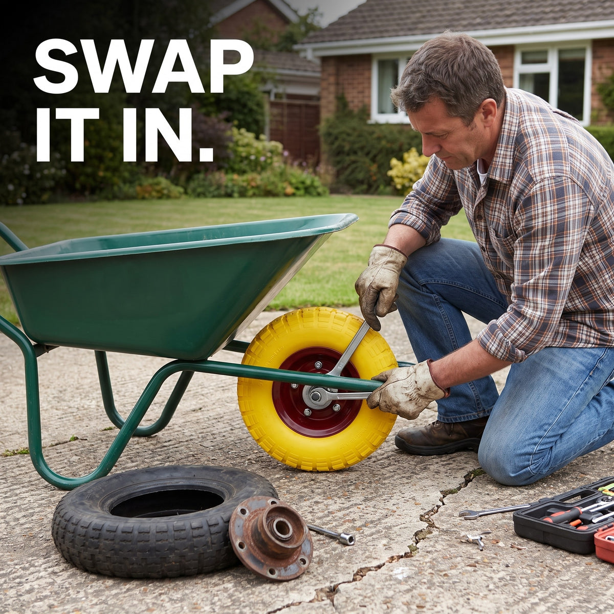 Swapping the wheel onto a wheelbarrow axle