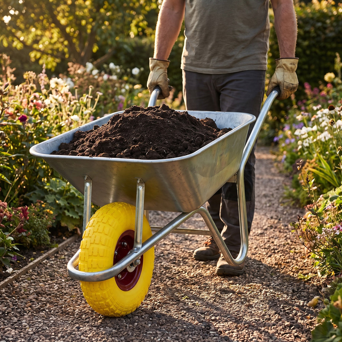Wheelbarrow loaded with soil on a flat-free wheel