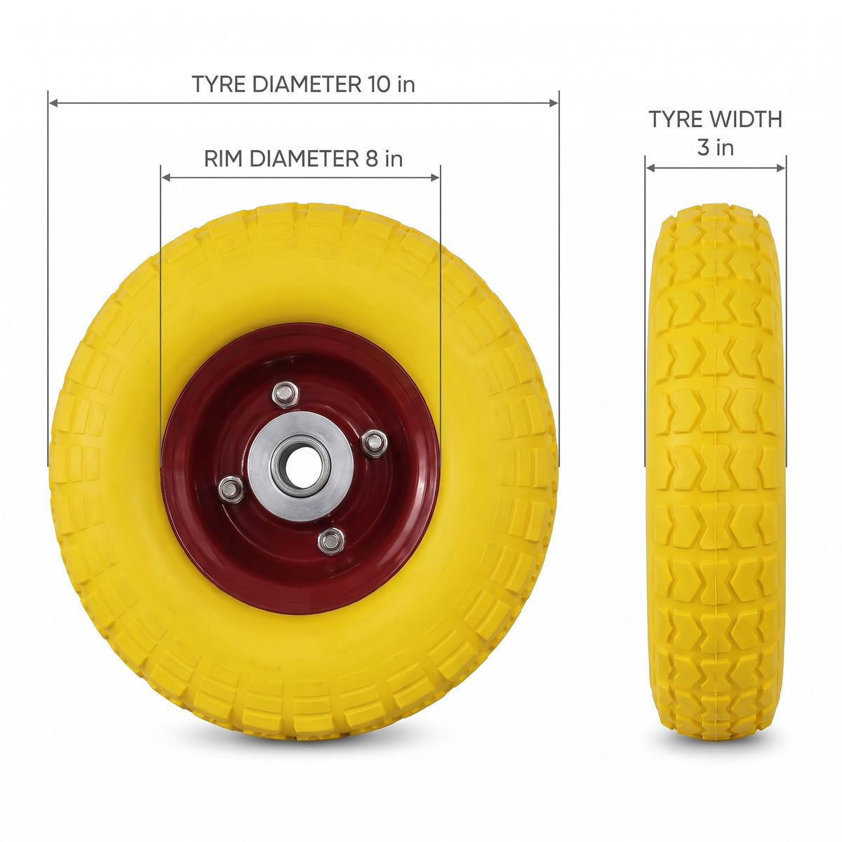 Wheel dimensions: 10 in tyre, 8 in rim, 3 in width
