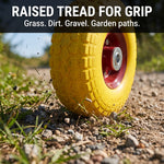 Raised tread for grip on grass, dirt and gravel